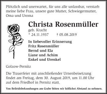 Traueranzeige von Christa Rosenmüller von Märkische Oderzeitung