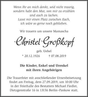 Traueranzeige von Christel Großkopf von Märkische Oderzeitung