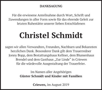 Traueranzeige von Christel Schmidt von Märkische Oderzeitung