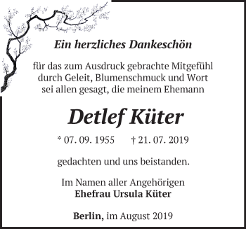 Traueranzeige von Detlef Küter von Märkische Oderzeitung