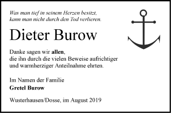 Traueranzeige von Dieter Burow von Märkische Oderzeitung