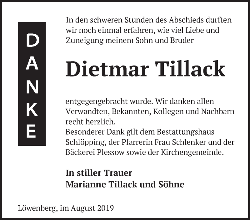  Traueranzeige für Dietmar Tillack vom 24.08.2019 aus Märkische Oderzeitung