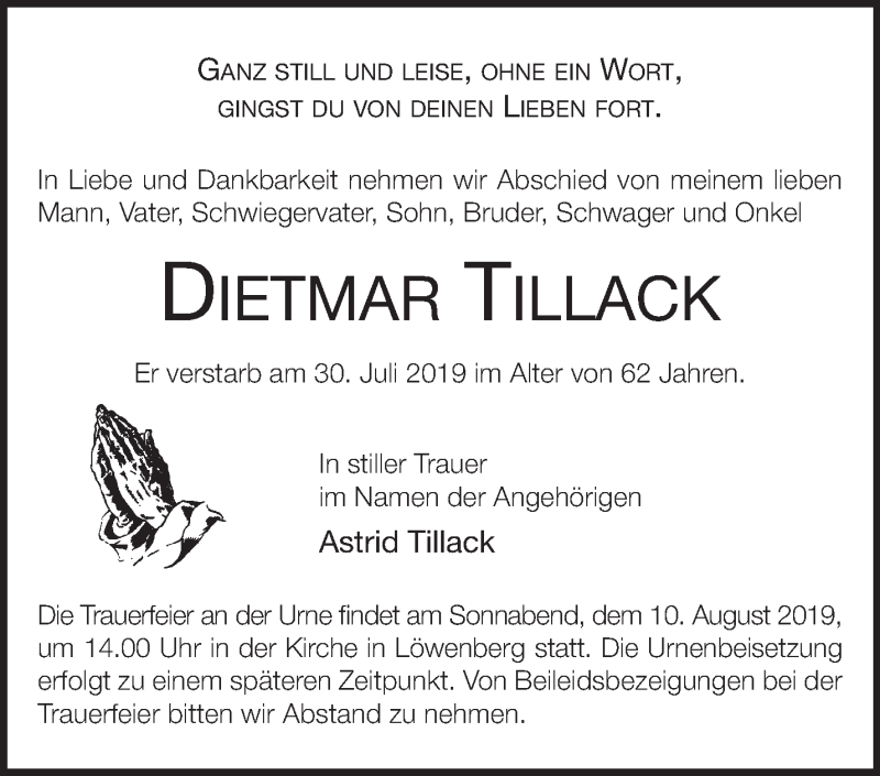 Traueranzeige für Dietmar Tillack vom 03.08.2019 aus Märkische Oderzeitung