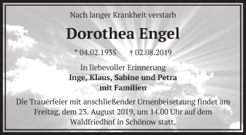 Traueranzeige von Dorothea Engel von Märkische Oderzeitung