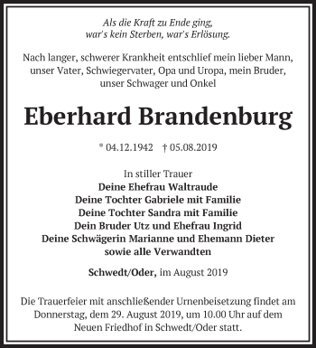 Traueranzeige von Eberhard Brandenburg von Märkische Oderzeitung