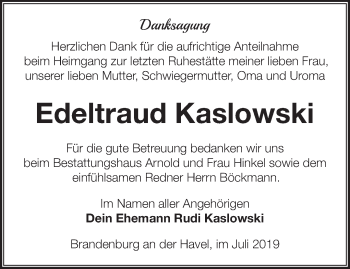 Traueranzeige von Edeltraud Kaslowski von Märkische Oderzeitung