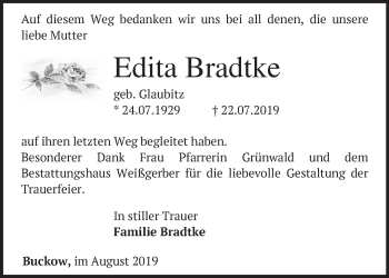 Traueranzeige von Edita Bradtke von Märkische Oderzeitung