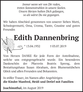 Traueranzeige von Edith Dannenbring Dannenbring von Märkische Oderzeitung