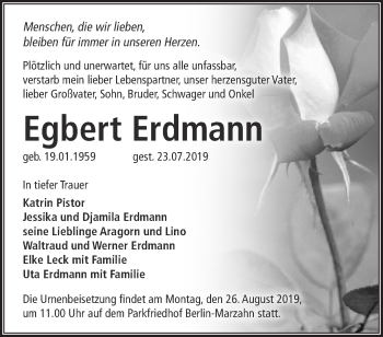 Traueranzeige von Egbert Erdmann von Märkische Oderzeitung