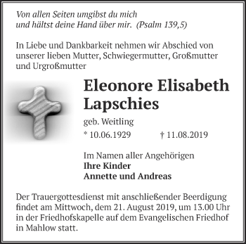 Traueranzeige von Eleonore Elisabeth Lapschies von Märkische Oderzeitung