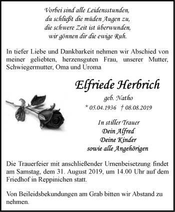 Traueranzeige von Elfriede Herbrich von Märkische Oderzeitung