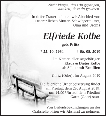 Traueranzeige von Elfriede Kolbe von Märkische Oderzeitung