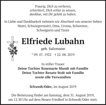 Traueranzeige von Elfriede Lubahn von Märkische Oderzeitung