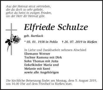 Traueranzeige von Elfriede Schulze von Märkische Oderzeitung