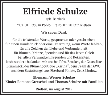 Traueranzeige von Elfriede Schulze von Märkische Oderzeitung