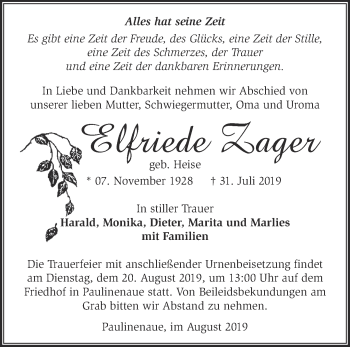 Traueranzeige von Elfriede Zager von Märkische Oderzeitung