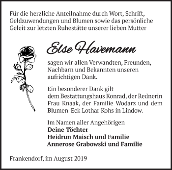 Traueranzeige von Else Havemann von Märkische Oderzeitung