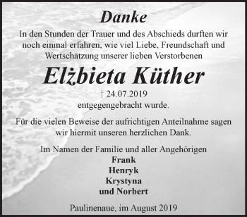 Traueranzeige von Elzbieta Küther von Märkische Oderzeitung