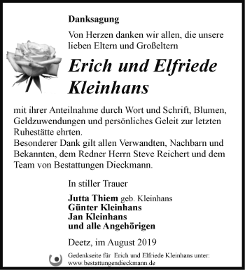 Traueranzeige von Erich Kleinhans von Märkische Oderzeitung