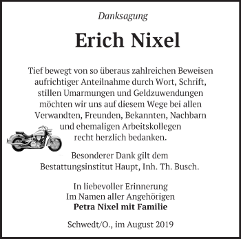 Traueranzeige von Erich Nixel von Märkische Oderzeitung