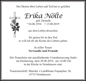 Traueranzeige von Erika Nölte von Märkische Oderzeitung