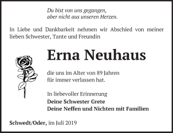 Traueranzeige von Erna Neuhaus von Märkische Oderzeitung