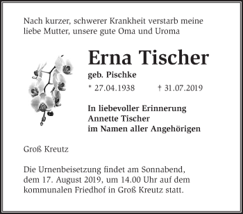 Traueranzeige von Erna Tischer von Märkische Oderzeitung