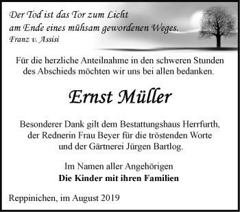 Traueranzeige von Ernst Müller von Märkische Oderzeitung