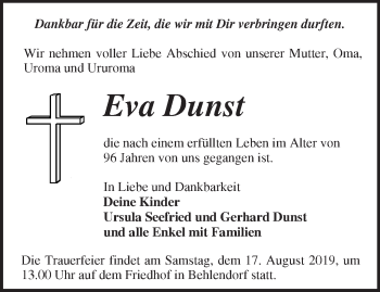 Traueranzeige von Eva Dunst von Märkische Oderzeitung