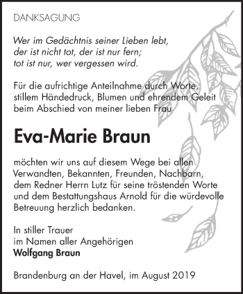 Traueranzeige von Eva-Marie Braun von Märkische Oderzeitung