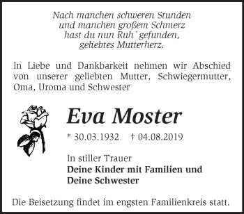 Traueranzeige von Eva Moster von Märkische Oderzeitung