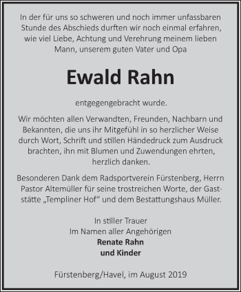 Traueranzeige von  Ewald Rahn  von Märkische Oderzeitung