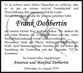 Traueranzeige von Frank Dobbertin von Märkische Oderzeitung