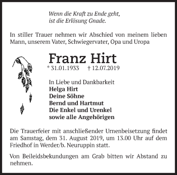 Traueranzeige von Franz Hirt von Märkische Oderzeitung