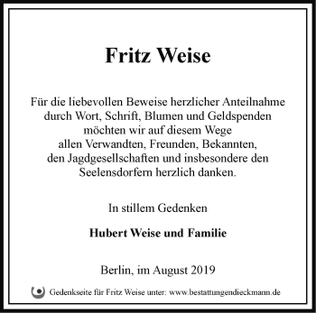 Traueranzeige von Fritz Weise von Märkische Oderzeitung