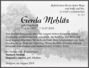 Traueranzeige von Gerda Mehlitz von Märkische Oderzeitung