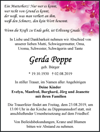 Traueranzeige von Gerda Poppe von Märkische Oderzeitung