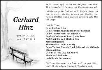 Traueranzeige von Gerhard Hinz von Märkische Oderzeitung