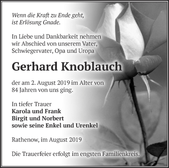 Traueranzeige von Gerhard Knoblauch von Märkische Oderzeitung