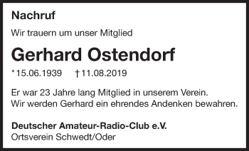 Traueranzeige von Gerhard Ostendorf von Märkische Oderzeitung