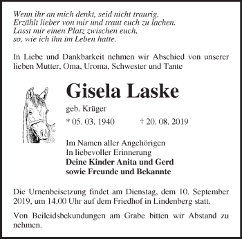 Traueranzeige von Gisela Laske von Märkische Oderzeitung