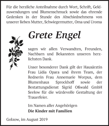 Traueranzeige von Grete Engel von Märkische Oderzeitung