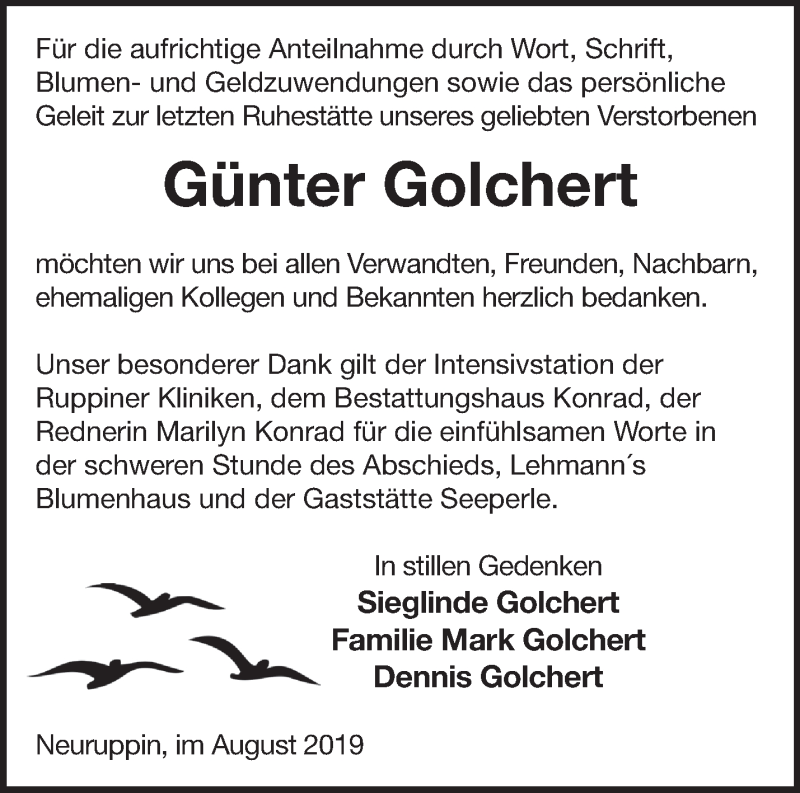  Traueranzeige für Günter Golchert vom 17.08.2019 aus Märkische Oderzeitung