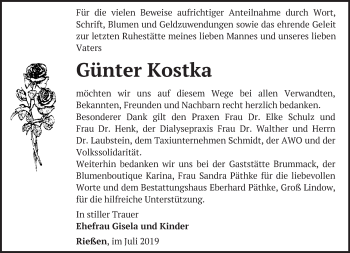 Traueranzeige von Günter Kostka von Märkische Oderzeitung