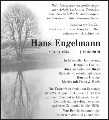 Traueranzeige von Hans Engelmann von Märkische Oderzeitung