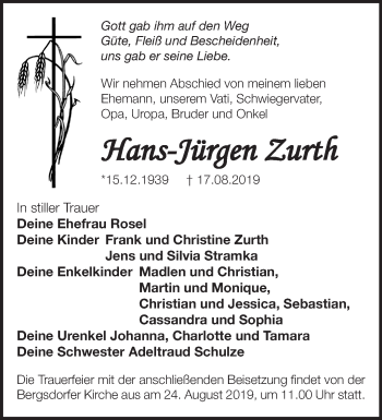 Traueranzeige von Hans-Jürgen Zurth von Märkische Oderzeitung