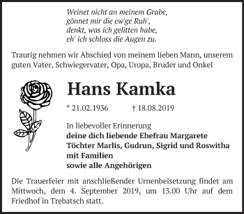 Traueranzeige von Hans Kamka von Märkische Oderzeitung