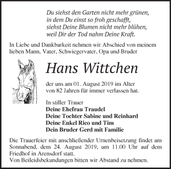 Traueranzeige von Hans Wittchen von Märkische Oderzeitung