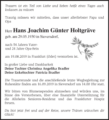 Traueranzeige von Hans Joachim Günter Holtgräve von Märkische Oderzeitung