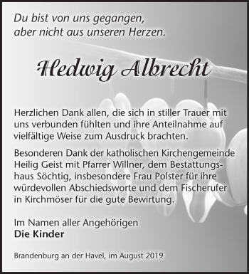 Traueranzeige von Hedwig Albrecht von Märkische Oderzeitung